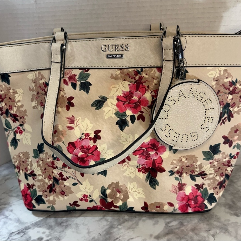GUESS Garren Cream Floral Tote Bag with Rose Print